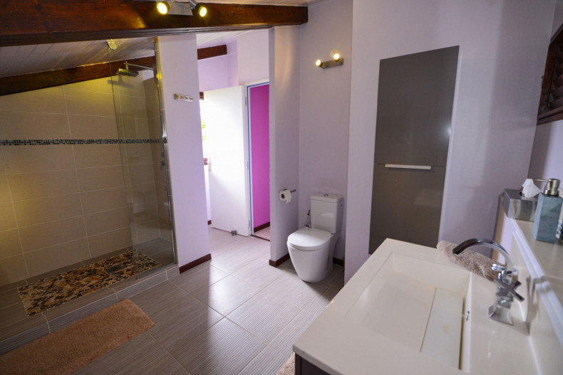 La salle de bain de la chambre fuchsia