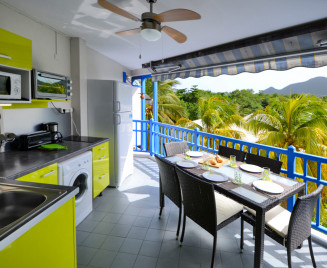 la cuisine sur la terrasse face à la femme couchée