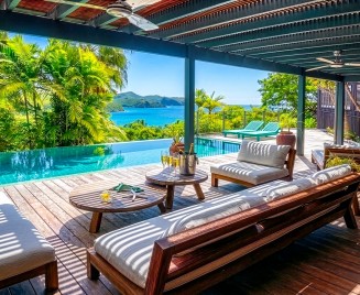 Villa de luxe Atlantique location Martinique le François 5 chambres piscine vue mer - Salon extérieur vue mer et piscine